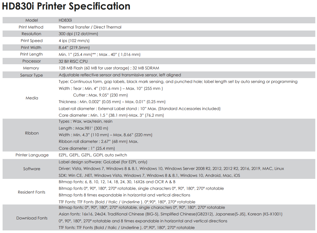 Godex HD830i Thông số 1
